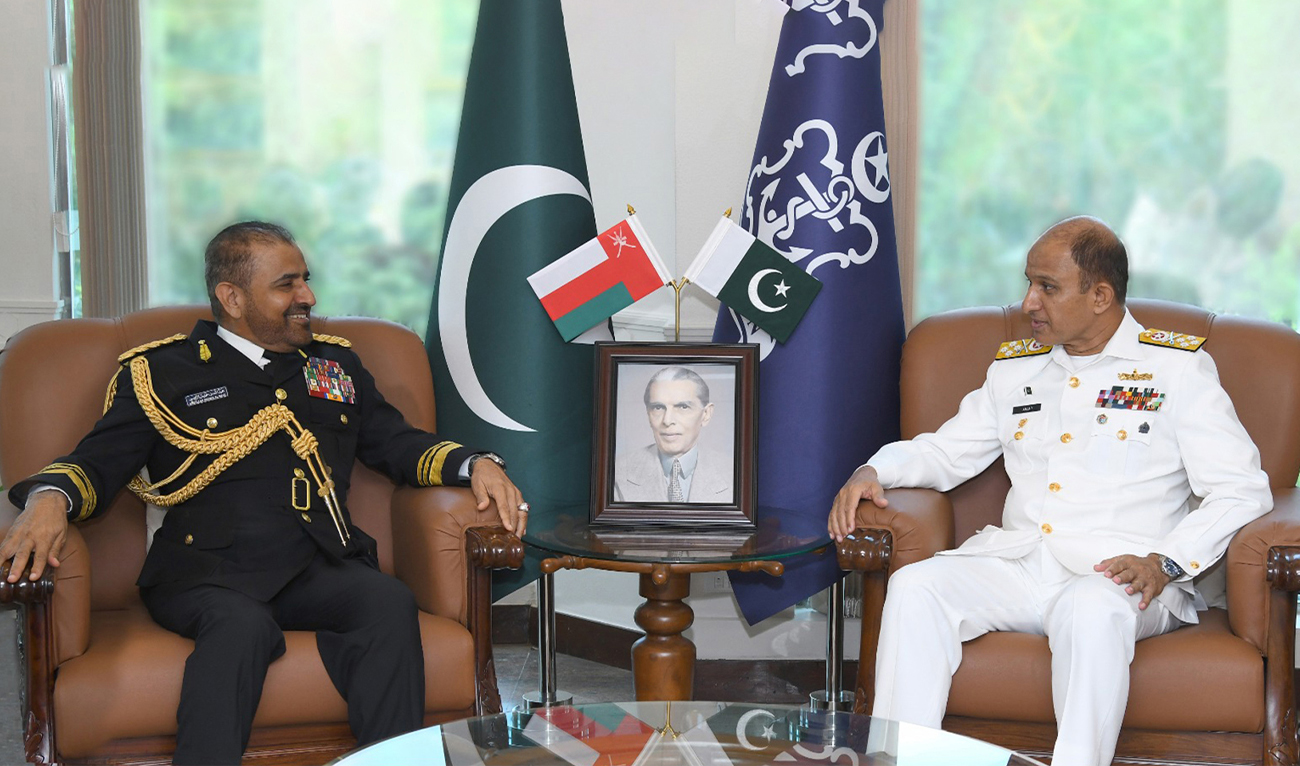 Omani military chief, Vice Admiral Abdullah Bin Khamis Al Raisi (left), meets Pakistan’s Chief of Naval Staff Admiral Muhammad Amjad Khan Niazi in Islamabad, Pakistan, on August 7, 2023. (Pakistan Navy)