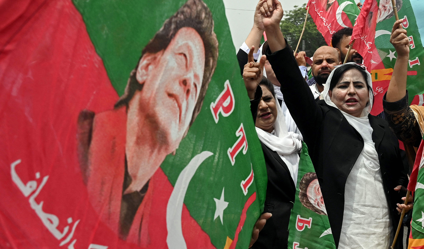 Lawyers in support of Pakistan's former Prime Minister Imran Khan, denounce his arrest during a protest outside the High court in Lahore, Pakistan, on August 7, 2023. (AFP)