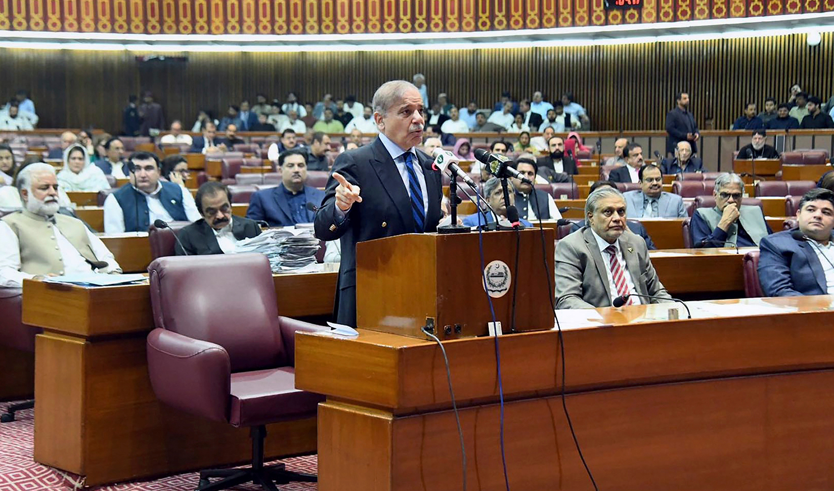 In this photo released by Press Information Department, Pakistan's Prime Minister Shehbaz Sharif addresses lawmakers during the last session of current parliament, in Islamabad, Pakistan, on August 9, 2023. (AP)