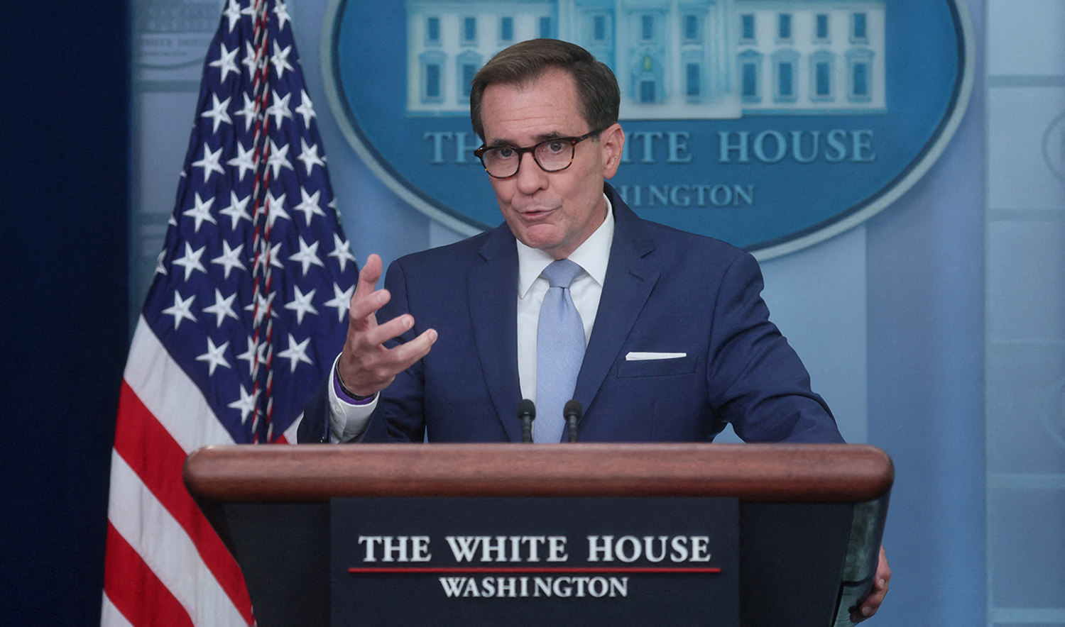 US National Security Council (NSC) Coordinator for Strategic Communications John Kirby speaks during a press briefing at the White House in Washington DC, United States, on July 26, 2023. (REUTERS)