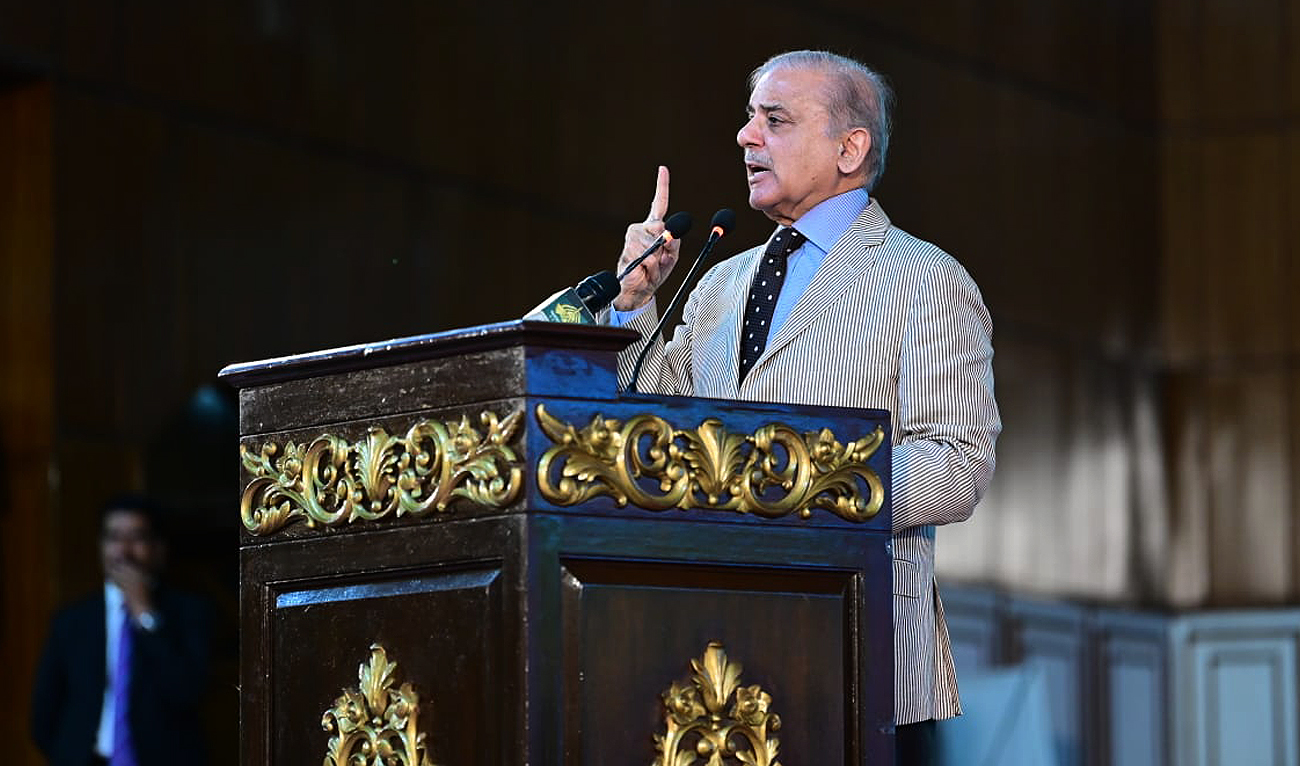 In this picture, taken on August 9, 2023, Pakistan Prime Minister Shehbaz Sharif gestures during a public address in Islamabad. (APP)