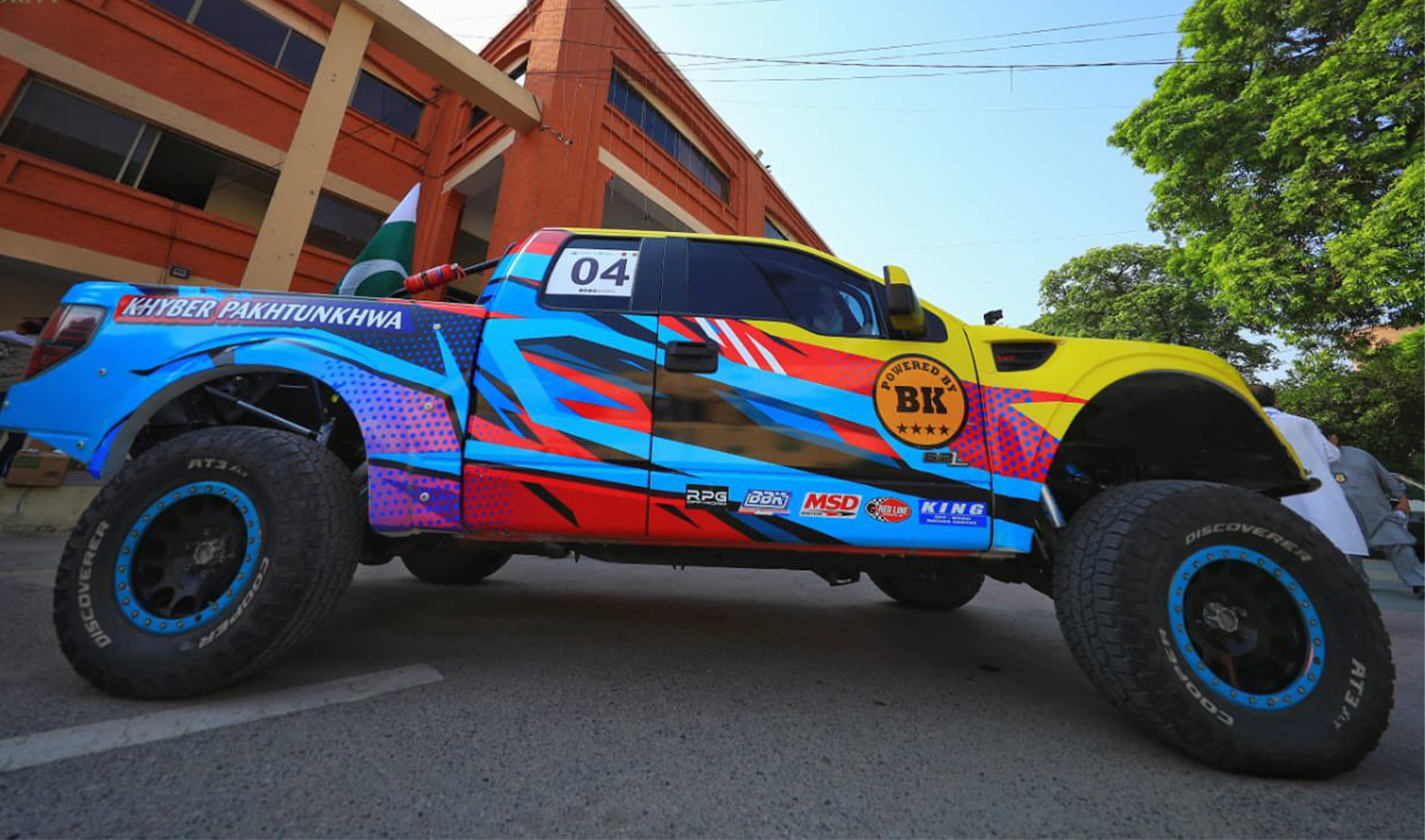 A jeep is pictured ahead of a jeep and bike rally at Peshawar’s Qayyum Stadium, Pakistan, on August 13, 2023, to promote tourism in country’s northwestern tribal districts. (Photo courtesy: @kptourism/Twitter)