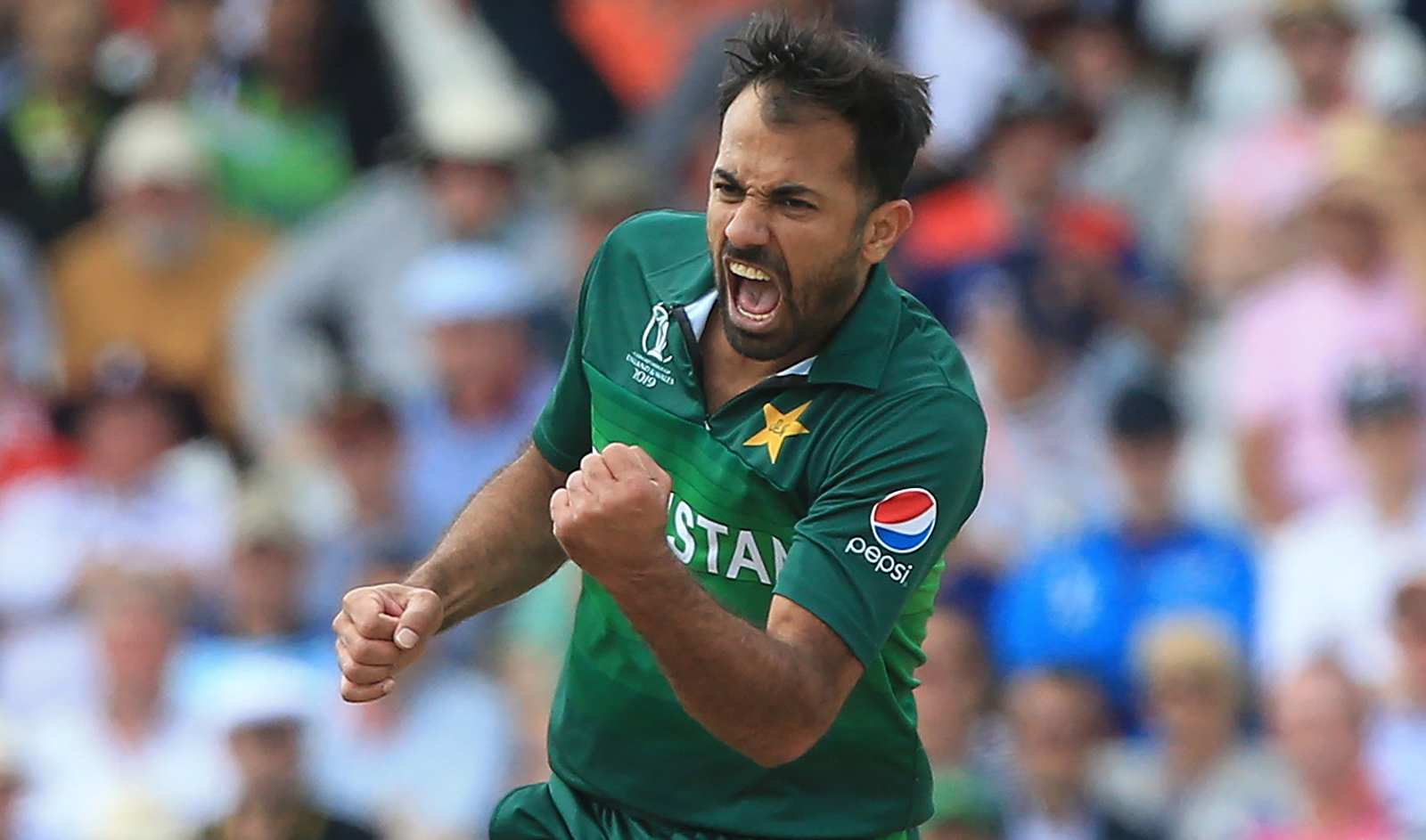 Pakistan's Wahab Riaz celebrates after taking the wicket of England's Jonny Bairstow during the 2019 Cricket World Cup group stage match between England and Pakistan at Trent Bridge in Nottingham, central England, on June 3, 2019. (Photo courtesy: AFP/File)