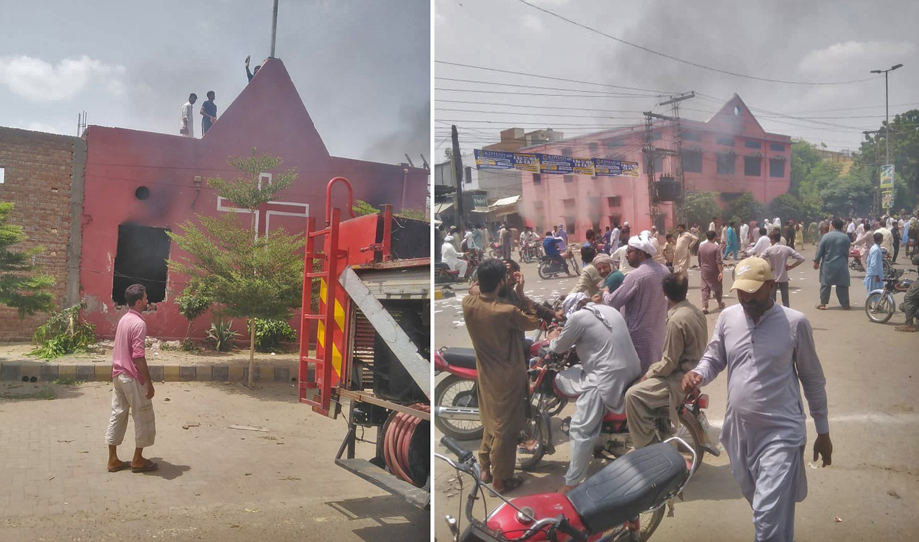 The collage of images shows people attacking a church over blasphemy allegations in Jaranwala, Pakistan, on August 16, 2023. (Photo courtesy: @FarazPervaiz3/Twitter)