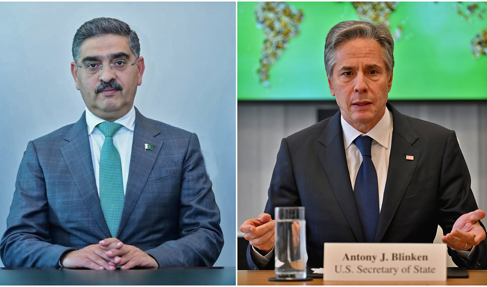 The collage of images shows Pakistan's Prime Minister Anwaar-ul-Haq Kakar (left) posing for a picture as he assumes office in Islamabad, Pakistan, on August 14, 2023, and US Secretary of State Antony Blinken speaking at an event in New York, US, on August 3, 2023. (Photo courtesy: PID/AFP)