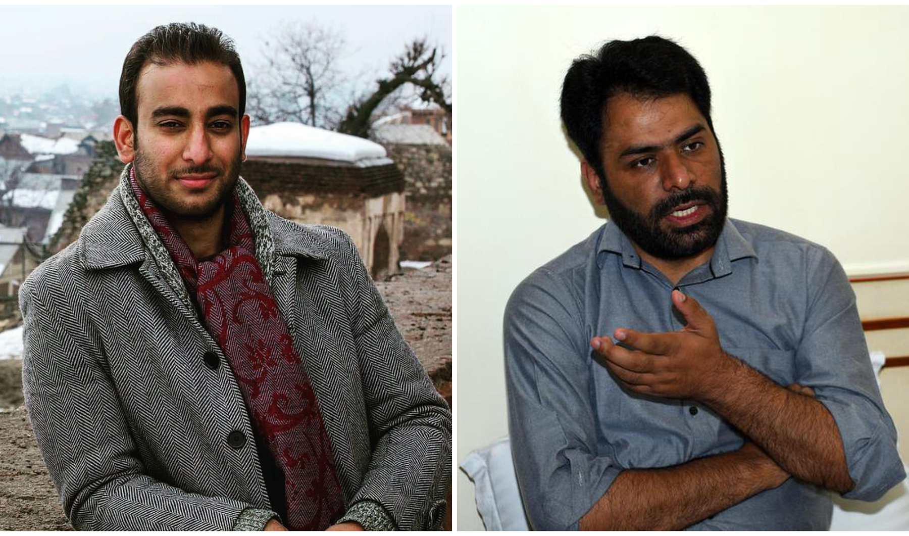 The collage of images shows (left) Irfan Mehraj, a Kashmiri human rights defender and journalist who is a founder of Wande Magazine, and Khurram Parvez, a human rights defender, Programme Coordinator of the JKCCS and Chairperson of the Asian Federation against Involuntary Disappearances (AFAD). (Photo courtesy: Irfan Mehraj and Khurram Parvez)