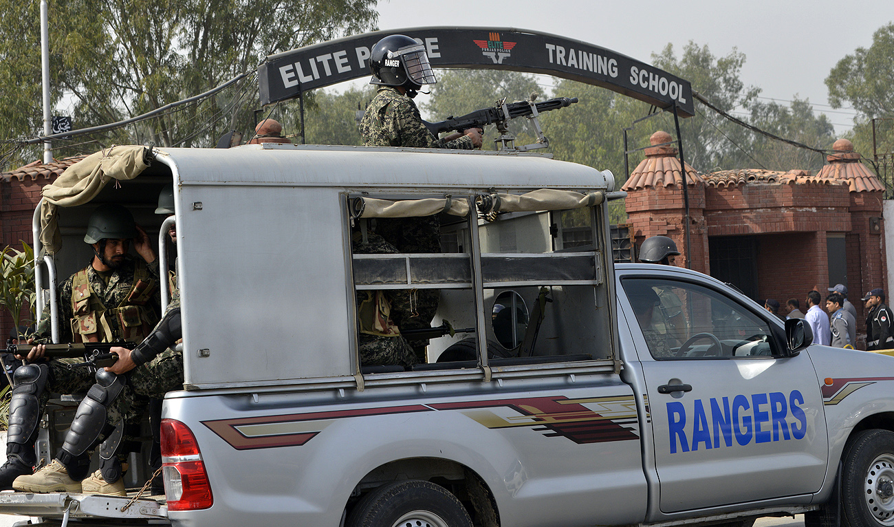 In this file photo, taken on February 14, 2017, Pakistani Rangers patrol in a vehicle in Lahore. (AFP/File)