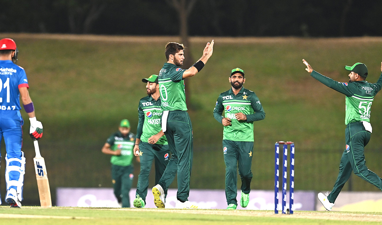 Pakistani players celebrate dismissal of Afghan batter Rahmanullah Gurbaz during the first ODI between Pakistan and Afghanistan at the Mahinda Rajapaksa International Cricket Stadium in Mattala, Sri Lanka on August 22, 2023. (Photo courtesy: Afghanistan Cricket Board)