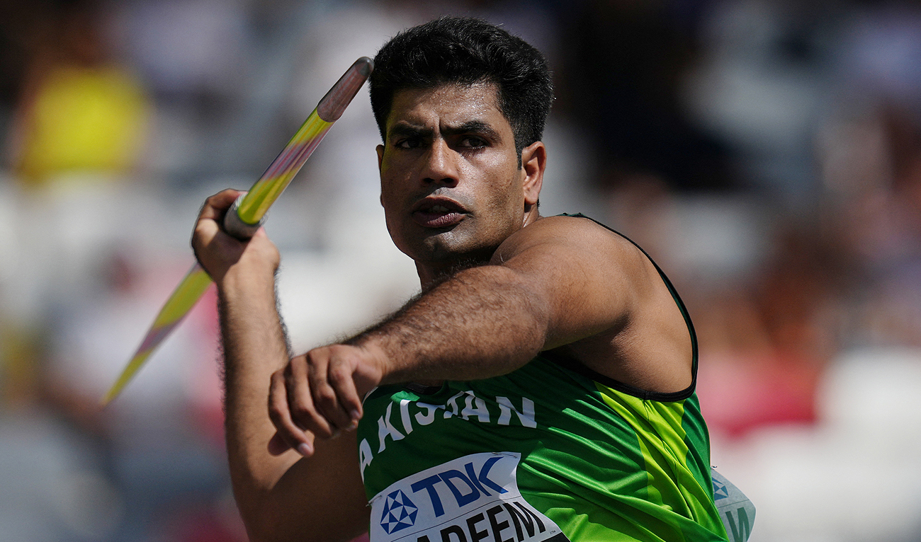 Pakistan's Arshad Nadeem in action during Men's Javelin Throw qualification round at the World Athletics Championship in Budapest, Hungary on August 25, 2023. (REUTERS)