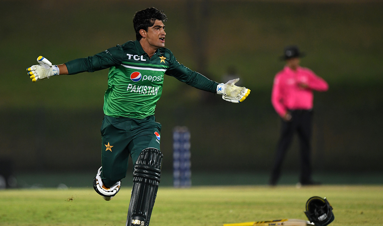Pakistan's Naseem Shah celebrates after Pakistan won by 1 wicket during the second one-day international (ODI) cricket match between Pakistan and Afghanistan at the Mahinda Rajapaksa International Cricket Stadium in Hambantota on August 24, 2023. (Photo courtesy: AFP/File)