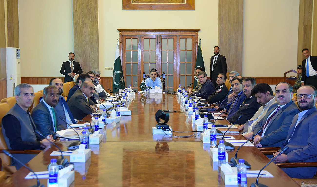 Caretaker prime minister Anwaar-ul-Haq Kakar chairs a high-level meeting related to the security situation in Balochistan province in Quetta on August 26, 2023. (Photo courtesy: Government of Pakistan)