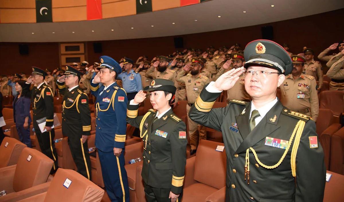 The photo taken on August 2, 2023, shows Chinese and Pakistani army officials during a ceremony in Rawalpindi, Pakistan. (Photo courtesy: ISPR)
