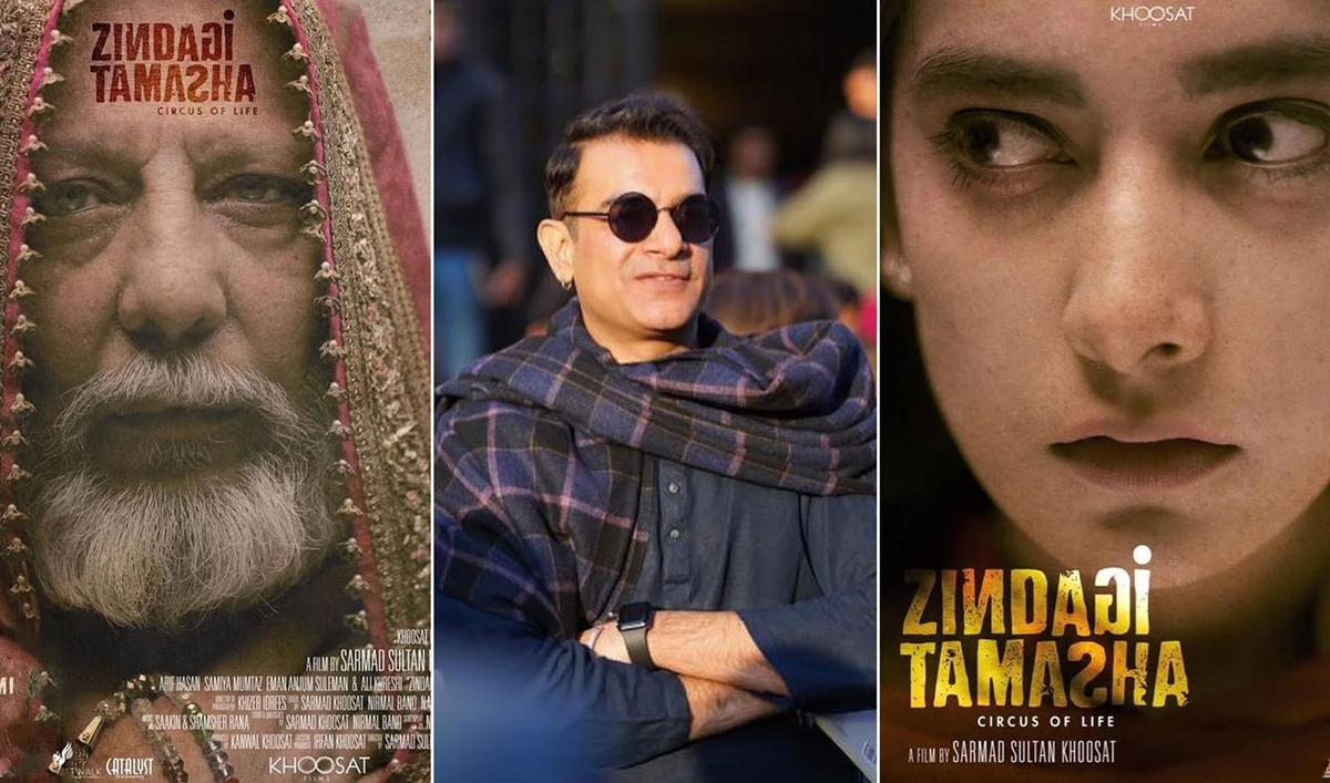 The photo collage shows Pakistani filmmaker Sarmad Khoosat (center) and the posters of his film 'Zindagi Tamasha'. (Photo courtesy: sarmadkhoosat/instagram)