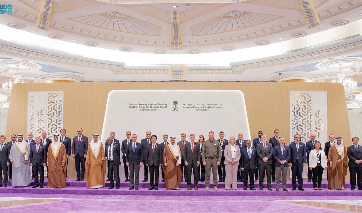 Representatives from more than 40 countries including China, India, and the U.S., pose for a family picture as they attend talks in Jeddah, Saudi Arabia, August 6, 2023, to make a headway towards a peaceful end to Russia's war in Ukraine. (Saudi Press Agency via REUTERS)