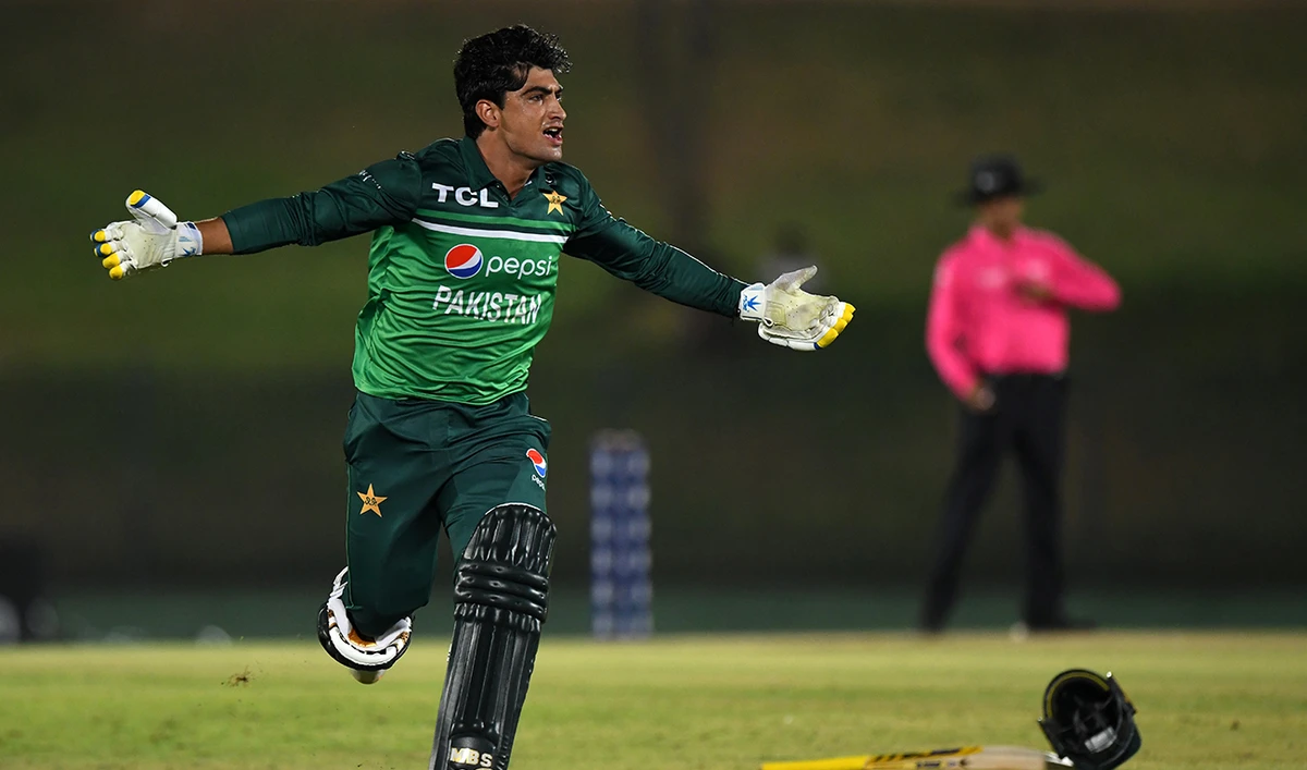 Pakistan's Naseem Shah celebrates after Pakistan won by 1 wicket during the second one-day international (ODI) cricket match between Pakistan and Afghanistan at the Mahinda Rajapaksa International Cricket Stadium in Hambantota on August 24, 2023. (Photo courtesy: AFP/File)