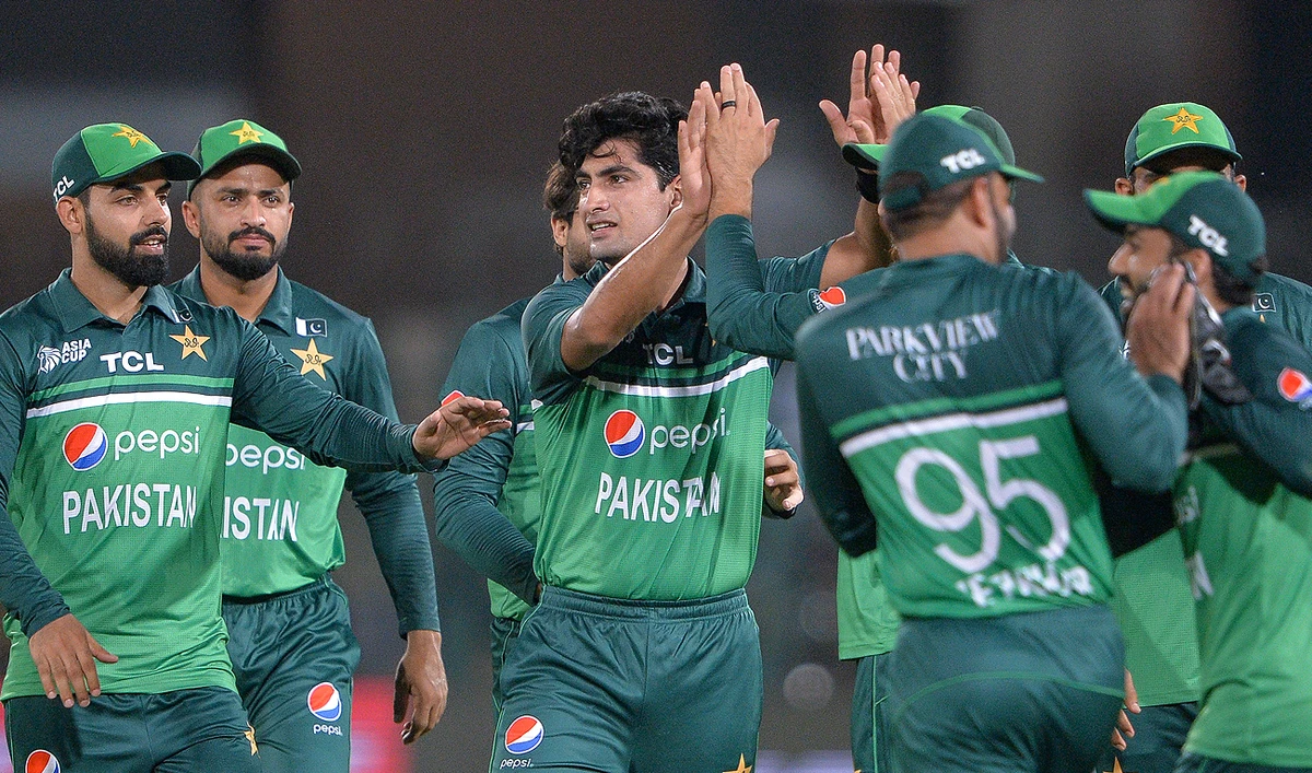 Pakistan's Naseem Shah (C) celebrates with teammates after taking the wicket of Nepal's Aasif Sheikh (not pictured) during the Asia Cup 2023 cricket match between Pakistan and Nepal at the Multan Cricket Stadium in Multan on August 30, 2023. (AFP)