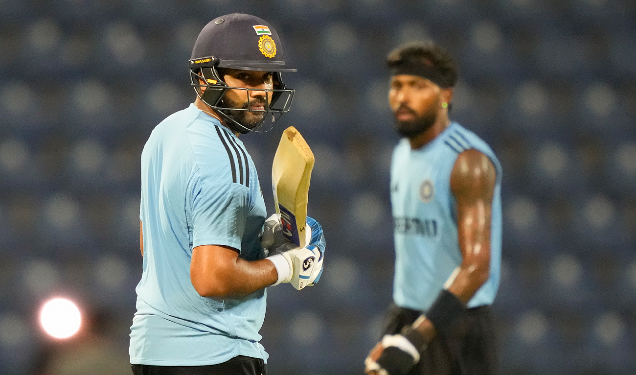 Indian captain Rohit Sharma attends a practice session ahead of their one day international cricket match of Asia Cup with Pakistan in Pallekele, Sri Lanka on Friday, Sep. 1, 2023. (AP)