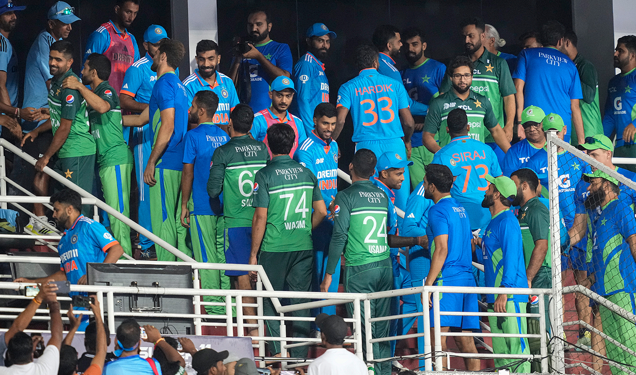 Pakistan's and India's players great each others after the Asia Cup cricket match between India and Pakistan was called off due to rain in Pallekele, Sri Lanka on Saturday, Sep. 2, 2023. (AP)