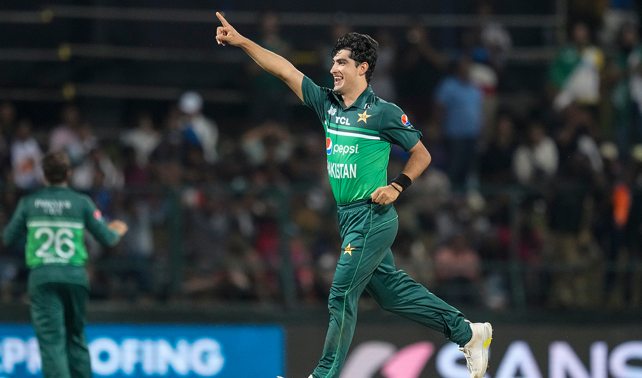 Pakistan's Naseem Shah celebrates taking the wicket of India's Shardul Thakur during the Asia Cup cricket match between India and Pakistan in Pallekele, Sri Lanka on Saturday, Sep. 2. (AP)