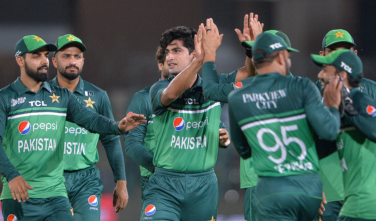 Pakistan's Naseem Shah (C) celebrates with teammates after taking the wicket of Nepal's Aasif Sheikh (not pictured) during the Asia Cup 2023 cricket match between Pakistan and Nepal at the Multan Cricket Stadium in Multan on August 30, 2023. (AFP)