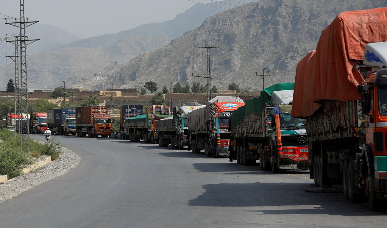 Trucks loaded with supplies to leave for Afghanistan are seen stranded at the Michni checkpost, after the main Pakistan-Afghan border crossing closed after clashes, in Torkham, Pakistan on September 7, 2023. (Photo courtesy: REUTERS)