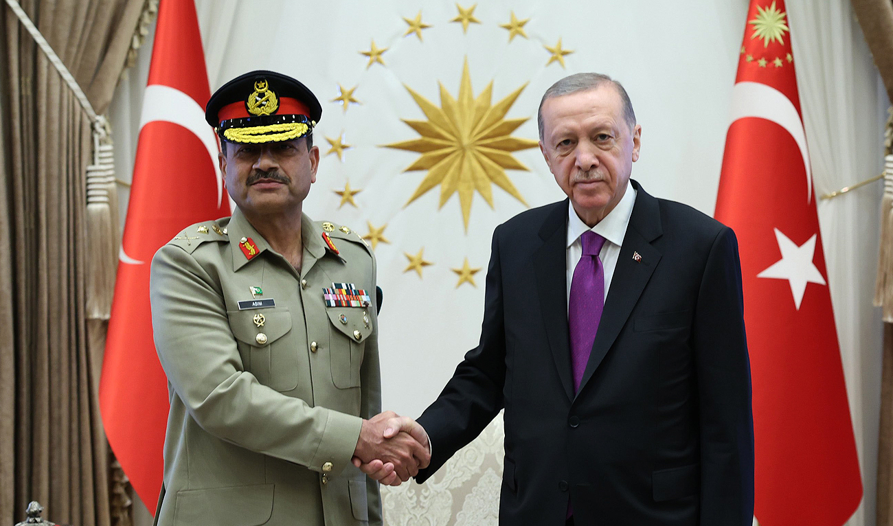 In this handout photo taken and released by Directorate of Communications Turkiye, Turkish President Recep Tayyip Erdogan (right) shakes hands with the Chief of Army Staff of Pakistan General Syed Asım Munir at the Presidential Complex in Ankara on September 13, 2023. (Photo courtesy: X/Communications)