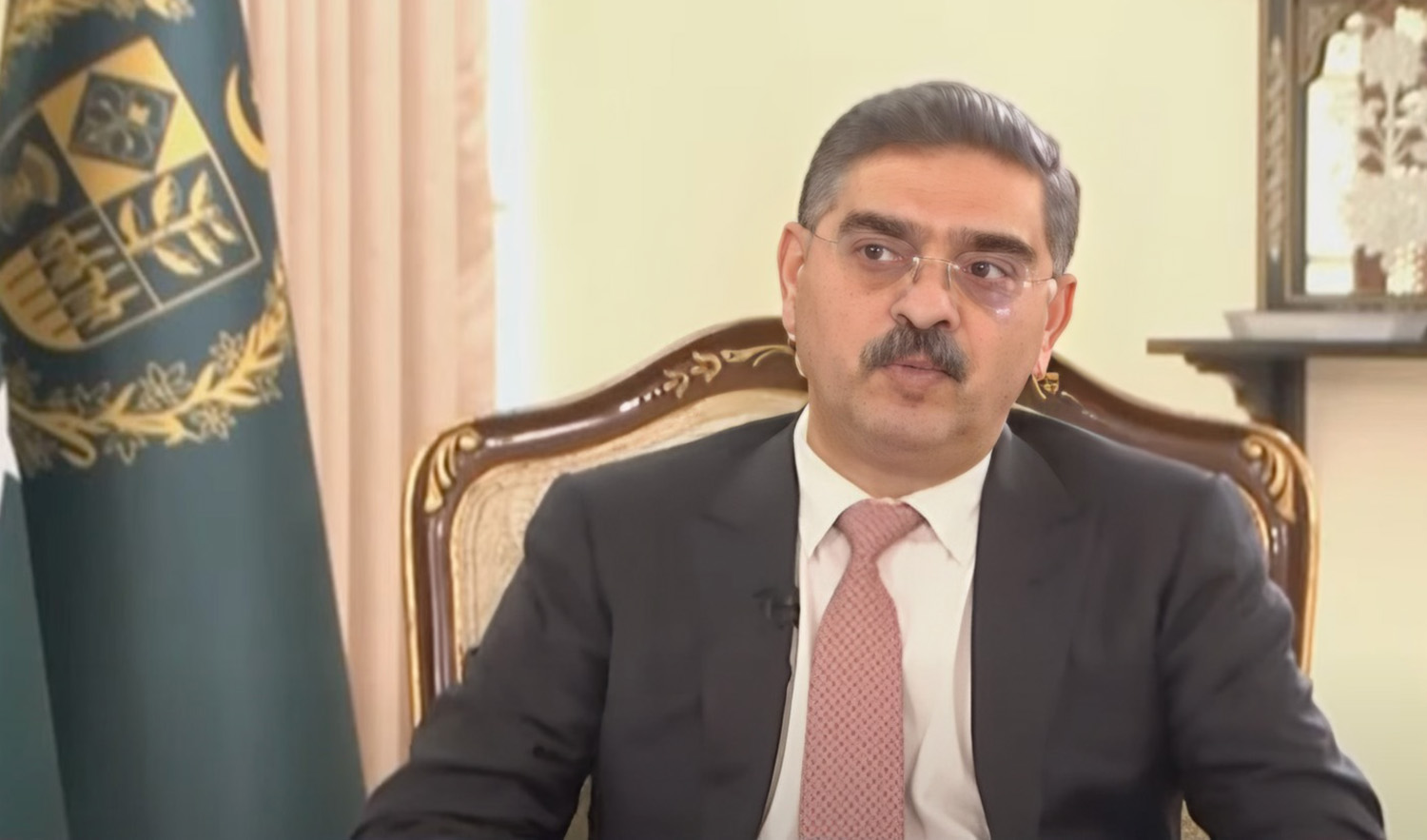 Pakistan’s caretaker prime minister Anwaar-ul-Haq Kakar during an interview with local news channel which aired on September 14, 2023. (Photo courtesy: ARY News/Screen grab)