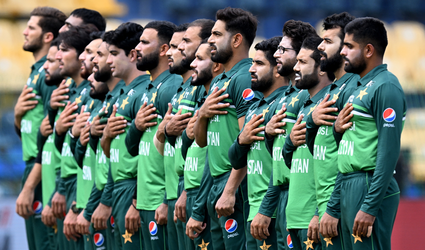 Pakistan's players stand for the national anthem before the start of the Asia Cup 2023 super four one-day international (ODI) cricket match between India and Pakistan at the R. Premadasa Stadium in Colombo, Sri Lanka on September 10, 2023. (Photo courtesy: AFP)