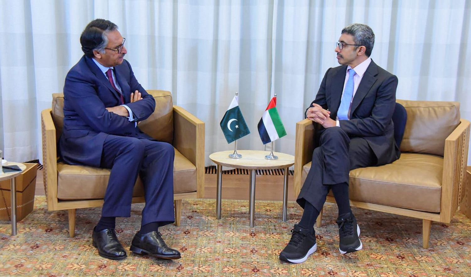Pakistan's foreign minister Jalil Abbas Jilani meets his UAE counterpart Sheikh Abdullah bin Zayed Al Nahyan on the sidelines of United Nations General Assembly in New York, United States on September 18, 2023. (Photo courtesy: Pakistan foreign office)