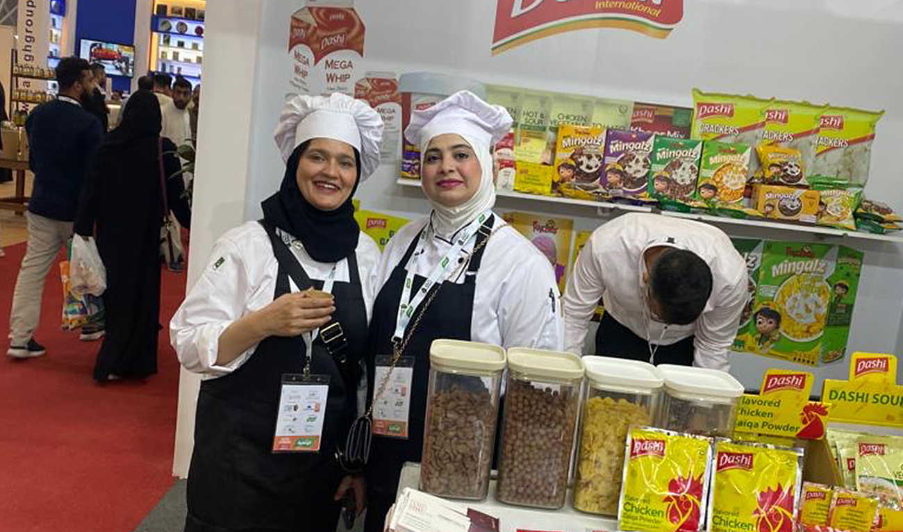 The photo taken on on September 20, 2023, shows the stall of Karachi-based food company, Dashi International, at the Foodex Saudi exhibition in Riyadh, Saudi Arabia . (Courtesy: Fawaz Khalil Allahwala)
