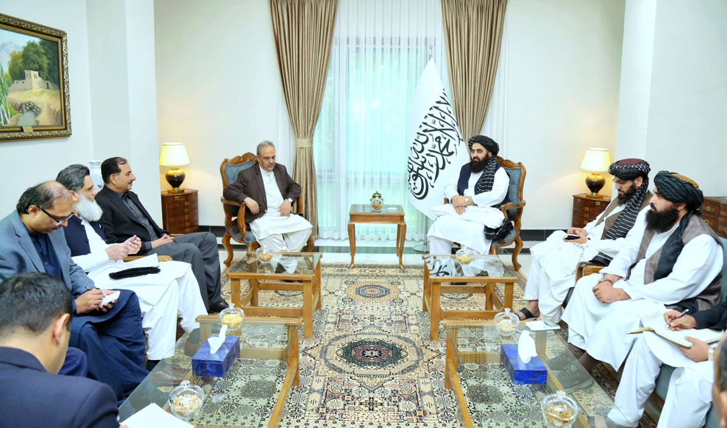 Pakistan’s Special Envoy for Afghanistan, Ambassador Asif Khan Durrani, center left, meets Afghanistan's acting foreign minister, Amir Khan Muttaqi, center right, in Kabul on September 21, 2023. (Photo courtesy: @HafizZiaAhmad1/X)