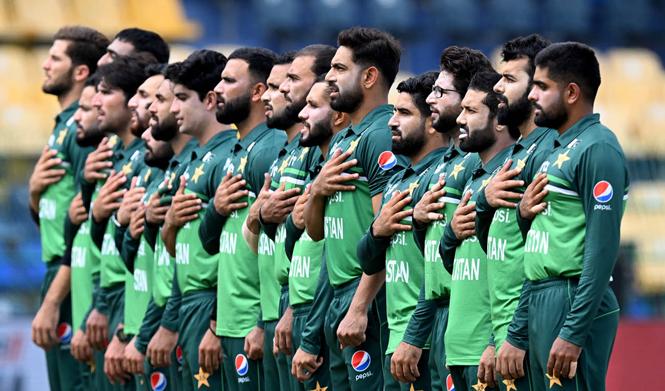Pakistan's players stand for the national anthem before the start of the Asia Cup 2023 super four one-day international (ODI) cricket match between India and Pakistan at the R. Premadasa Stadium in Colombo on September 10, 2023. (AFP/File)