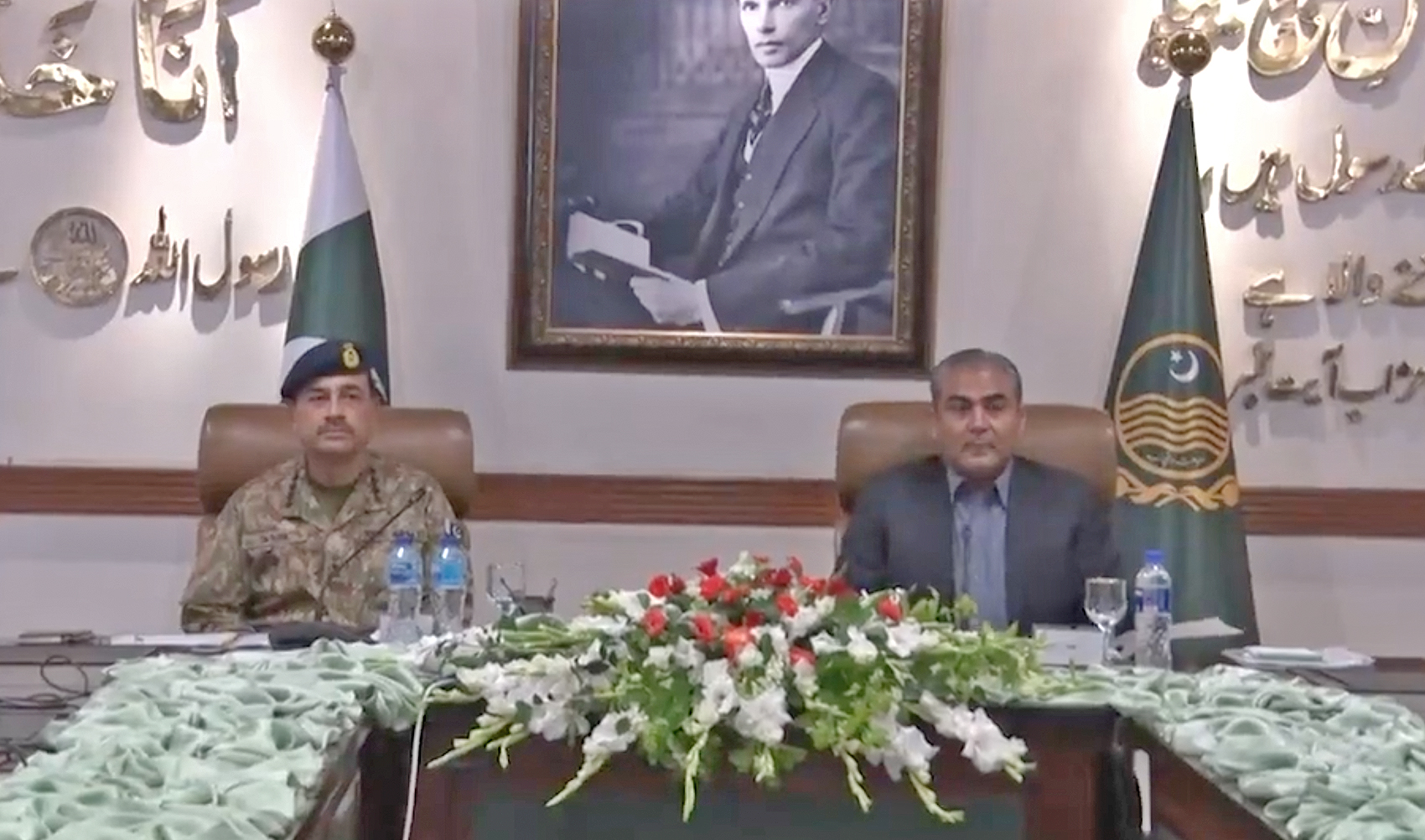 Pakistan's army chief General Asim Munir (left) and Caretaker Chief Minister of Punjab, Mohsin Raza Naqvi, attend a meeting of the Provincial Apex Committee in Lahore, Pakistan on September 28, 2023. (Photo courtesy: ISPR)