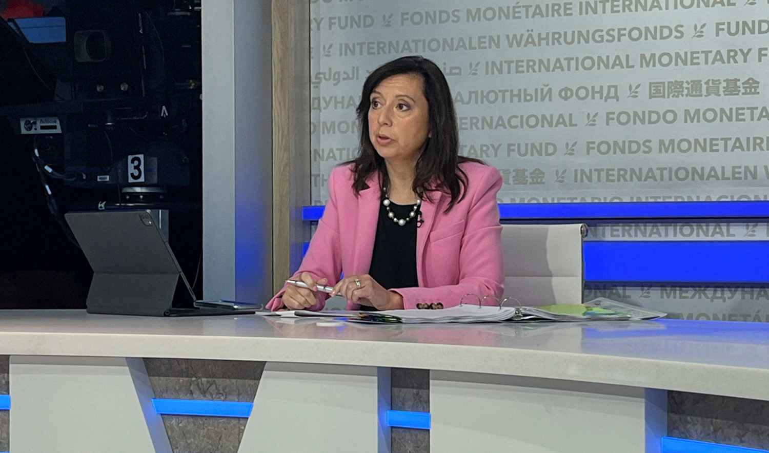 International Monetary Fund spokesperson Julie Kozack speaks to reporters at the IMF's headquarters in Washington, US on September 28, 2023. (REUTERS)