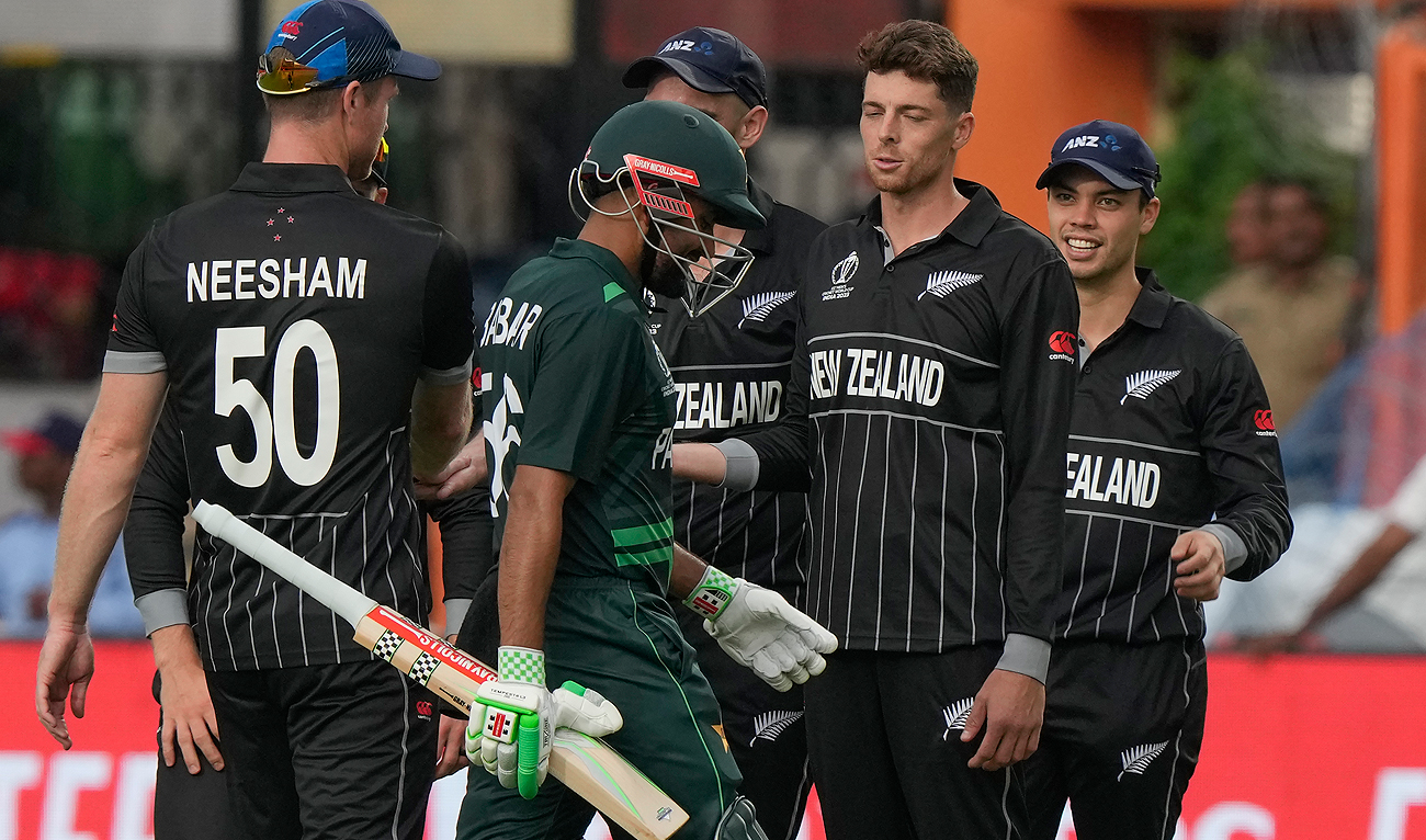 Pakistan's captain Babar Azam leaves the ground after being dismissed during the ICC Cricket World Cup warmup match between New Zealand and Pakistan in Hyderabad, India, Friday, Sept. 29, 2023. (AP)