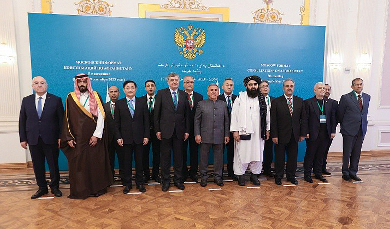Special representatives from China, India, Iran, Kazakhstan, Kyrgyzstan, Pakistan, Russia, Turkmenistan, and Uzbekistan pose for a group photo after the fifth meeting of the Moscow Format Consultations on Afghanistan in Kazan city, Russia on September 29, 2023. (Photo courtesy: Pakistani mission in Moscow)