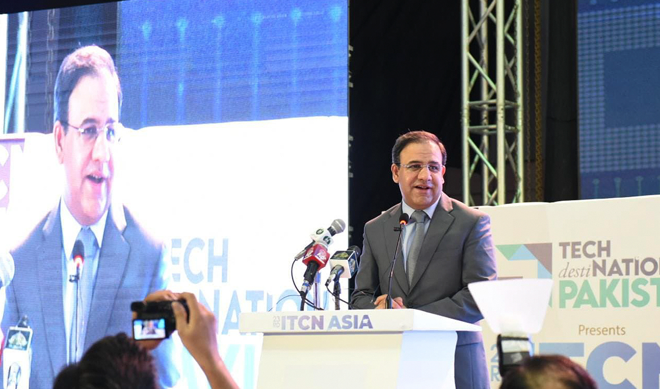 In this file photo, taken on August 31, 2023, Pakistan's caretaker IT minister, Dr. Umar Saif, speaks during the International IT & Telecom show in Karachi, Pakistan. (Photo courtesy: X/@umarsaif/File)