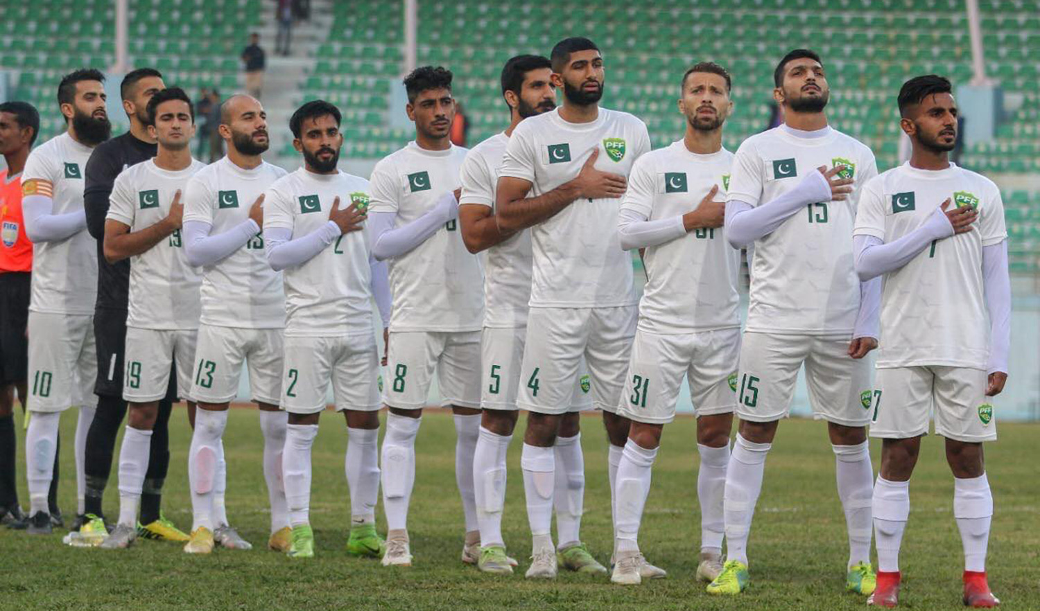 A representational photo of Pakistan's national football team, shared on Pakistan Football Federation's social media on July 14, 2023. (Photo courtesy: @PakistanFootballOfficial/Facebook)