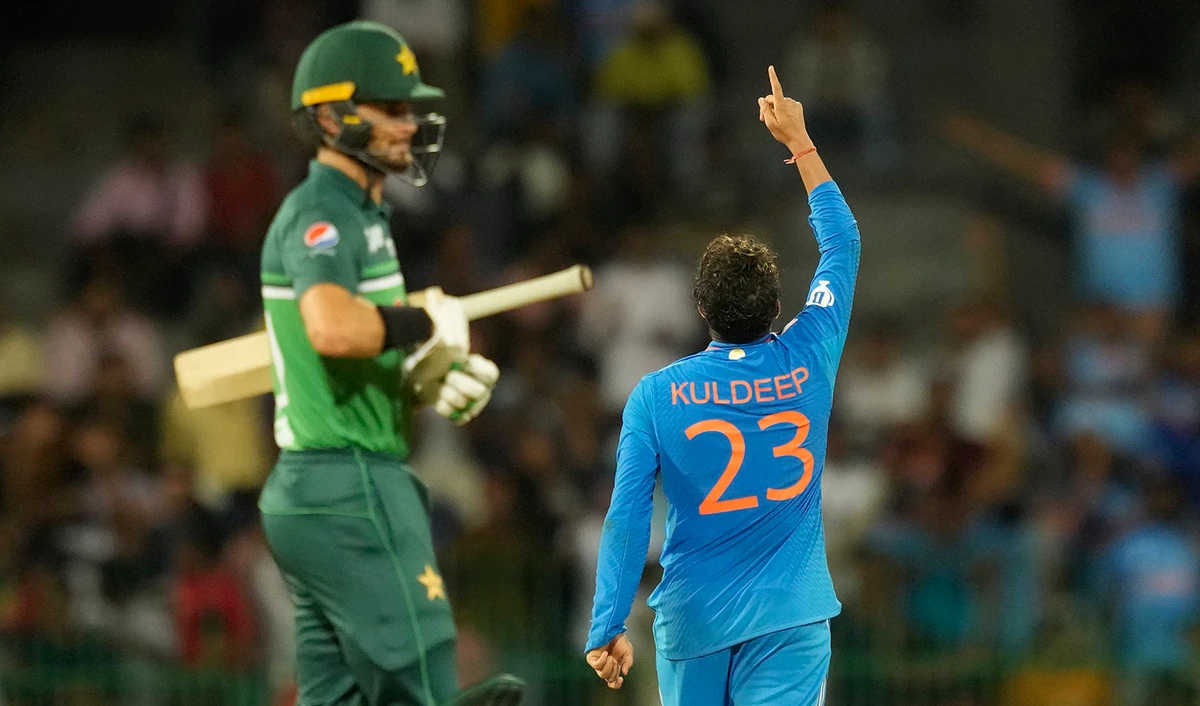 India's Kuldeep Yadav celebrates the wicket of Pakistan's Faheem Ashraf during the Asia Cup cricket match in Colombo, Sri Lanka on September 11, 2023. (AP)