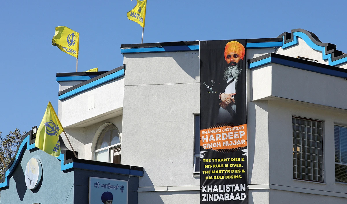 A sign outside the Guru Nanak Sikh Gurdwara temple is seen after the killing on its grounds in June 2023 of Sikh leader Hardeep Singh Nijjar, in Surrey, British Columbia, Canada on September 18, 2023. (REUTERS)