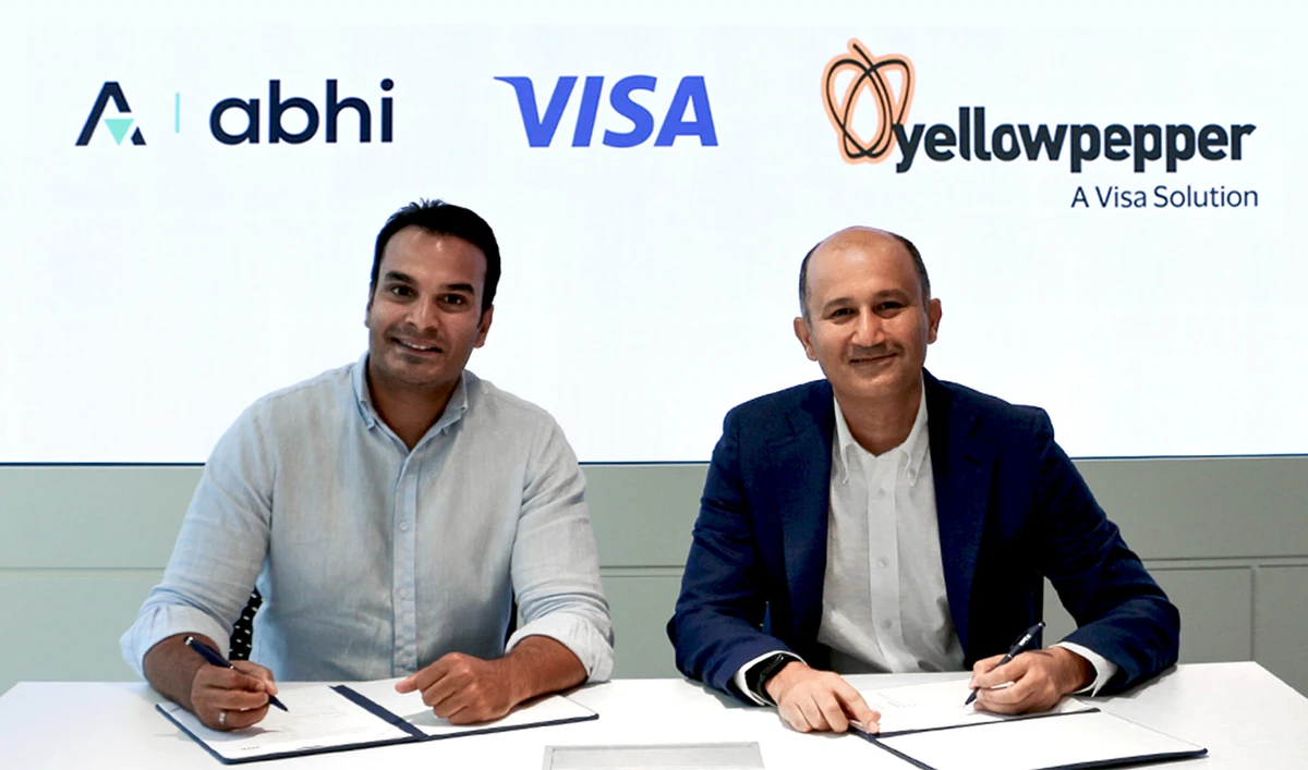 The picture shared on September 27, 2023, shows Omair Ansari (left), CEO and co-founder of ABHI, a Pakistani fintech, and Shahebaz Khan, Senior Vice President at Visa, as they announce partnership to introduce account-to-account payments in the United Arab Emirates. (Photo courtesy: Abhi)