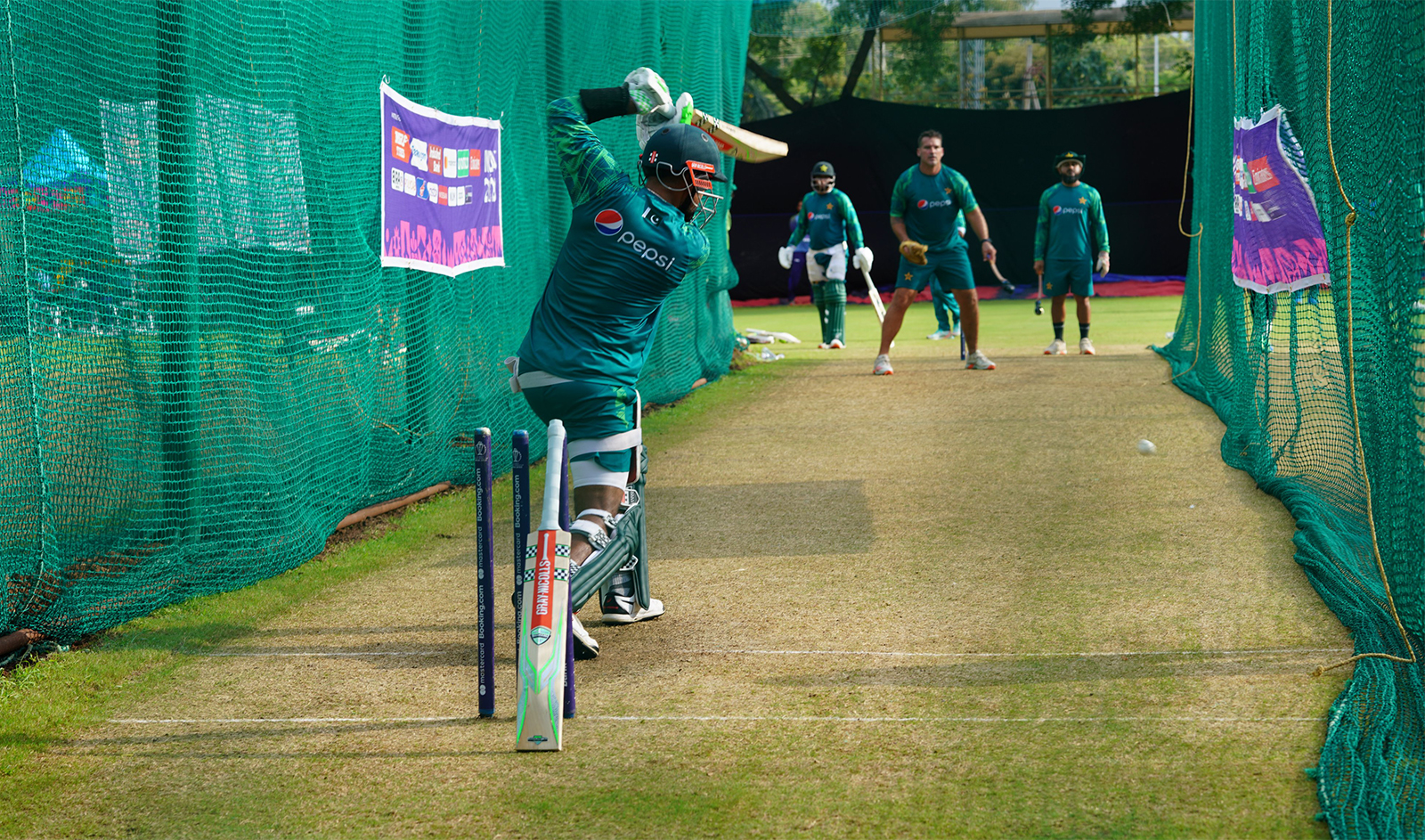Pakistani skipper Babar Azam plays a shot during a practice session ahead of the Pakistan cricket team's second warm-up match against Australia in India's Hyderabad Cricket Stadium on October 01, 2023. (Photo courtesy: Pakistan Cricket Board)