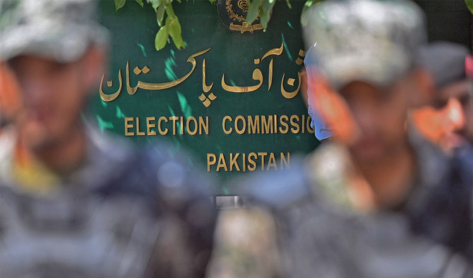 Paramilitary soldiers stand guard outside the Pakistan’s election commission building in Islamabad, Pakistan, on August 2, 2022. (AFP/File)