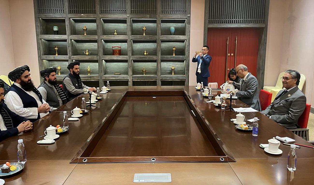 In this handout picture, taken and released by the Ministry of Foreign Affairs, Pakistan's interim foreign minister Jalil Jilani (right) gestures during a meeting with his Afghan counterpart, Amir Khan Muttaqi, in Tibet, China on October 5, 2023 on sidelines of the Trans-Himalayan Forum for International Cooperation. (Photo courtesy: MOFA)