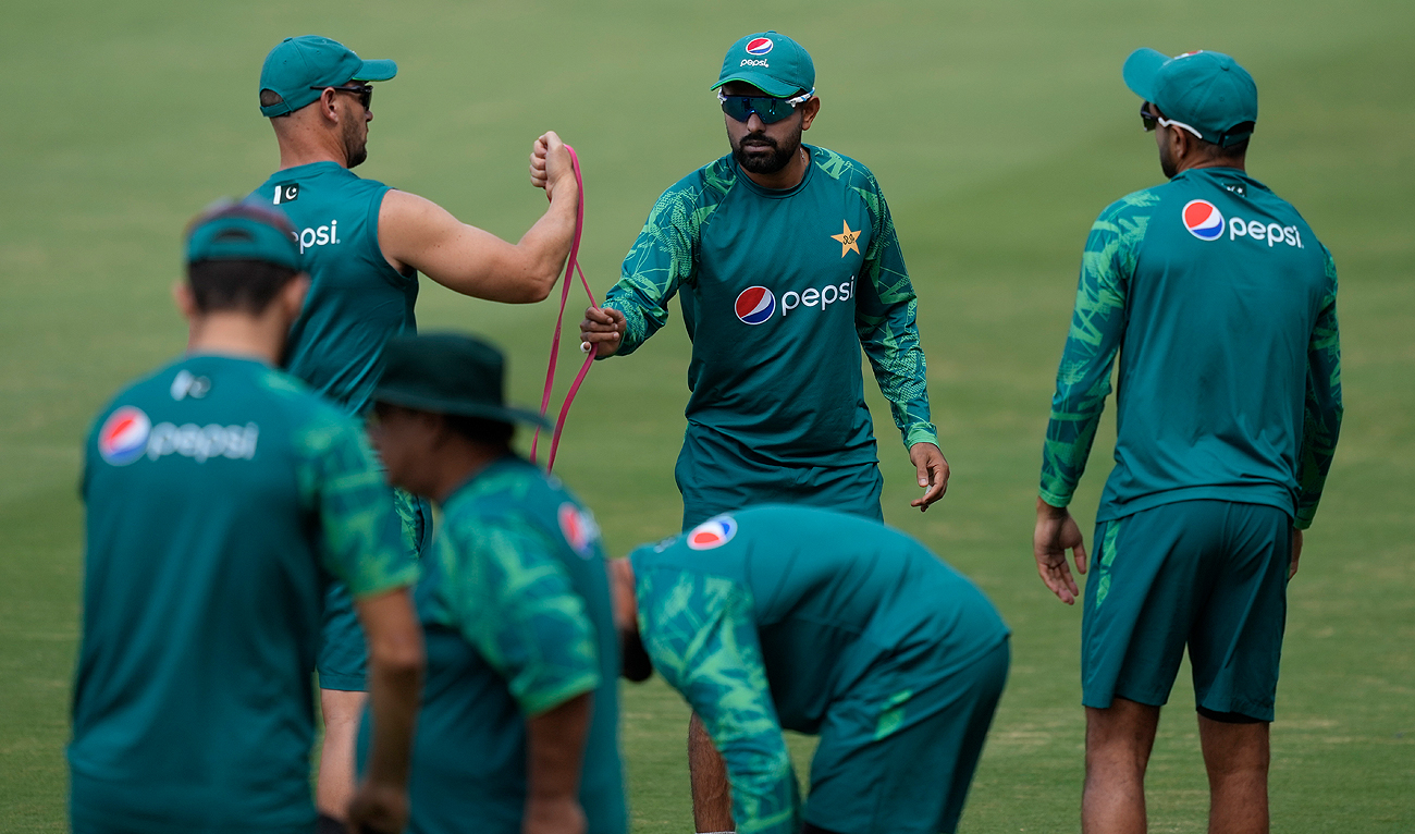 Pakistan's captain Babar Azam and teammates attend a training session ahead of the ICC Cricket World Cup match between Netherlands and Pakistan in Hyderabad, India on October 5, 2023. (AP)