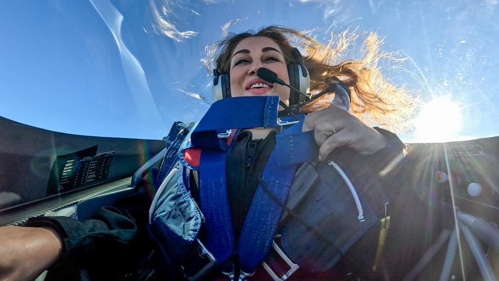 Dubai-based Pakistani adventurer Namira Salim is seen in an aircraft in a photo shared on her social media on October 5, 2023. (Photo courtesy: @namirasalimofficial/Instagram)