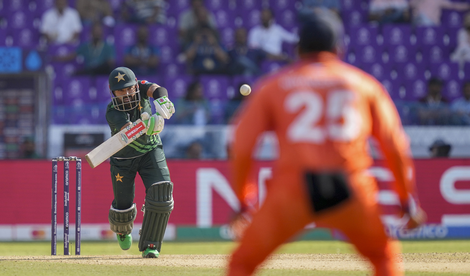 Pakistan's Mohammad Rizwan, left, plays a shot during the ICC Men's Cricket World Cup match between Pakistan and Netherlands in Hyderabad, India, on October 6, 2023. (AP)