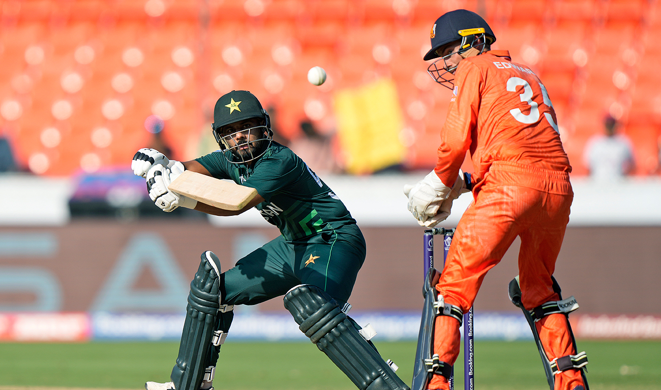 Pakistan's Saud Shakeel plays a shot during the ICC Men's Cricket World Cup match between Pakistan and Netherlands in Hyderabad, India on October 6, 2023. (AP)