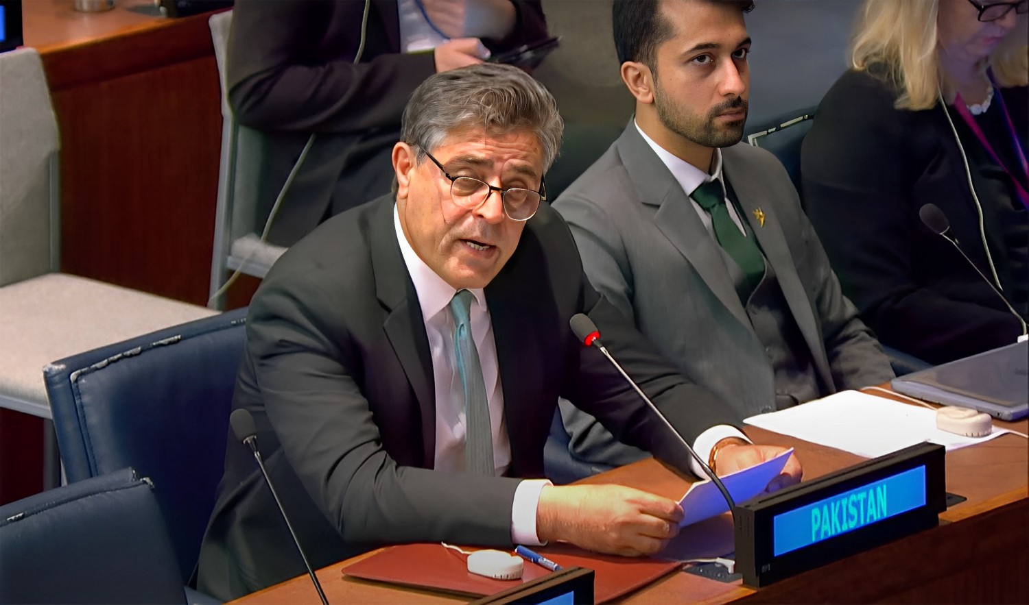 Pakistan’s Permanent Representative to the UN in Geneva Ambassador Khalil Hashmi speaks at the General Assembly’s First Committee on October 7, 2023. (Photo courtesy: @pakistanmissiontotheunited3181/YouTube)