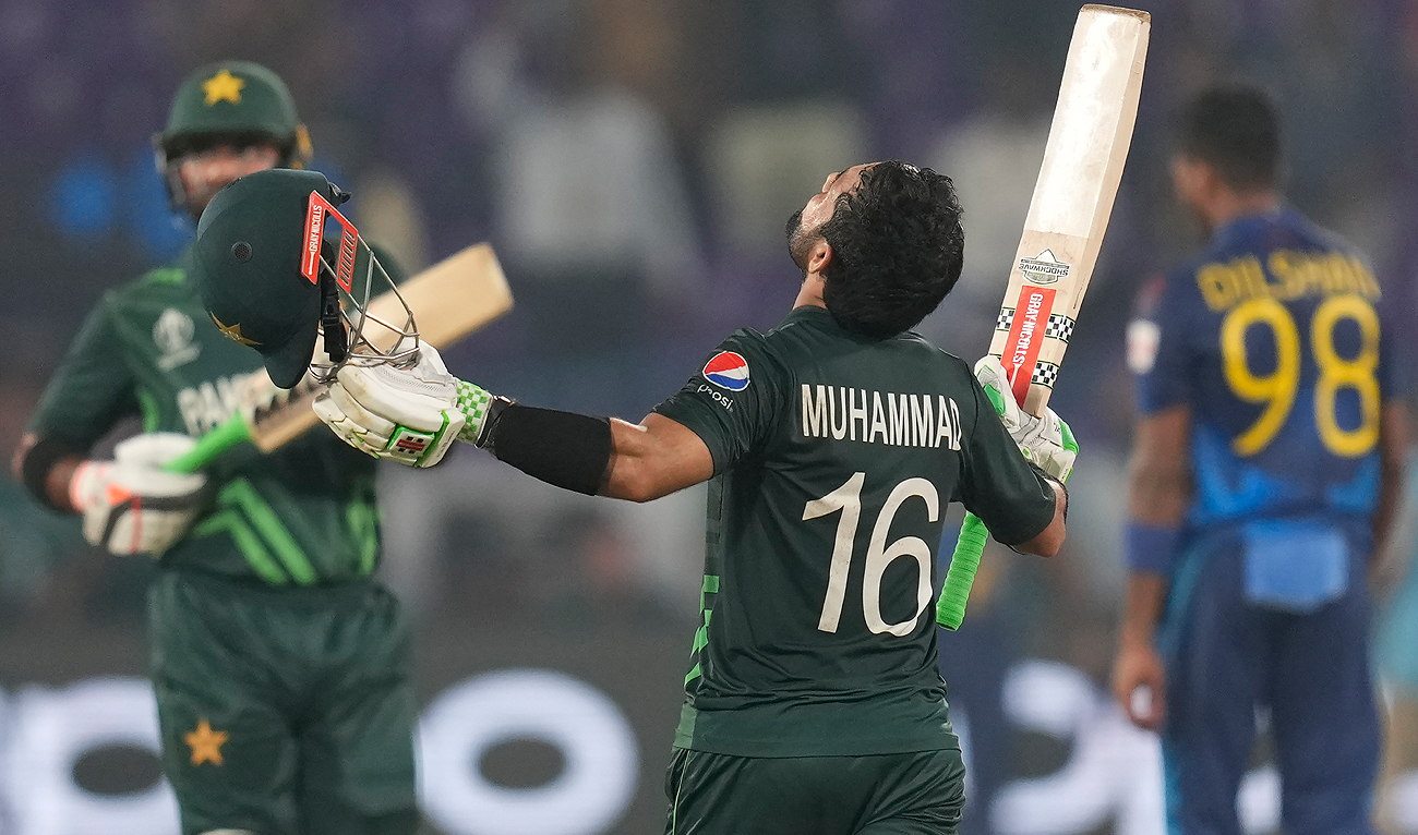 Pakistan's Mohammad Rizwan and Iftikhar Ahmed celebrate their win in the ICC Men's Cricket World Cup match between Pakistan and Sri Lanka in Hyderabad, India, Tuesday, Oct. 10, 2023. (AP)